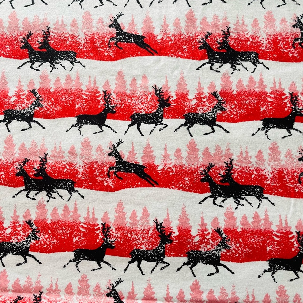 Festive Reindeer Holiday Flannel  Quilting Material -Red, Black, White